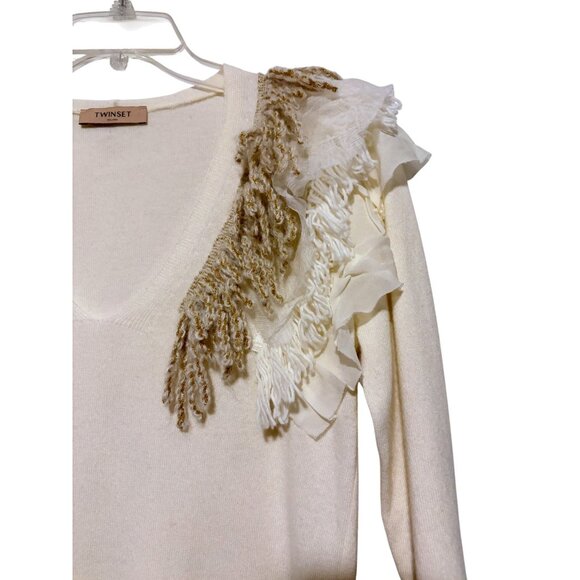 Twinset Wool Cashmere Blend Sweater L Asymmetric Ruffle Fringe Ivory Luxury - Picture 5 of 15